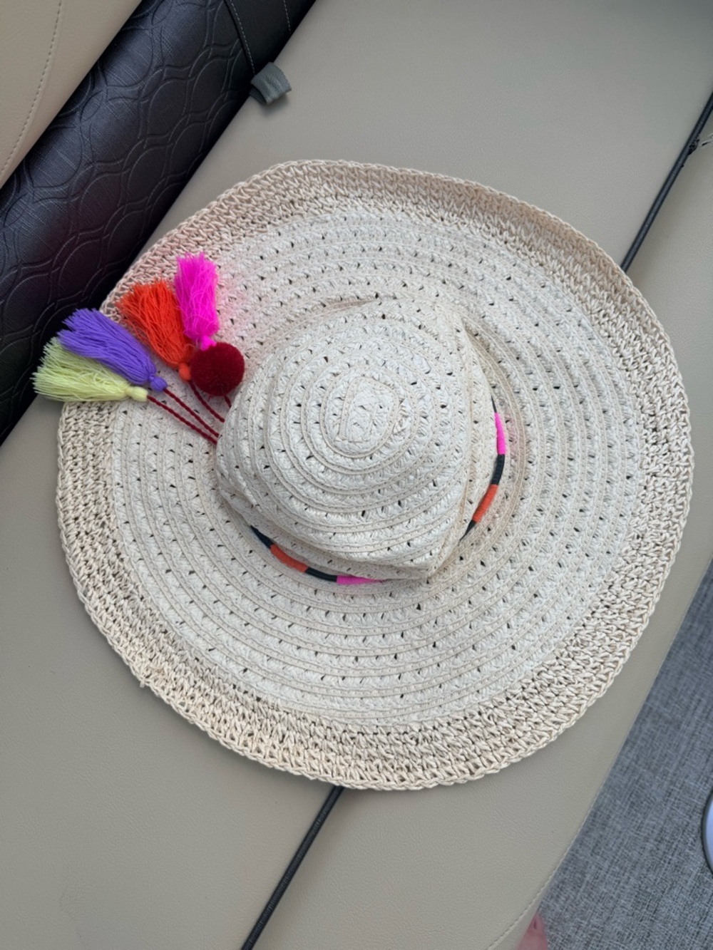 World Market Straw Sun Hat with Colorful Tassels - Cream 22in